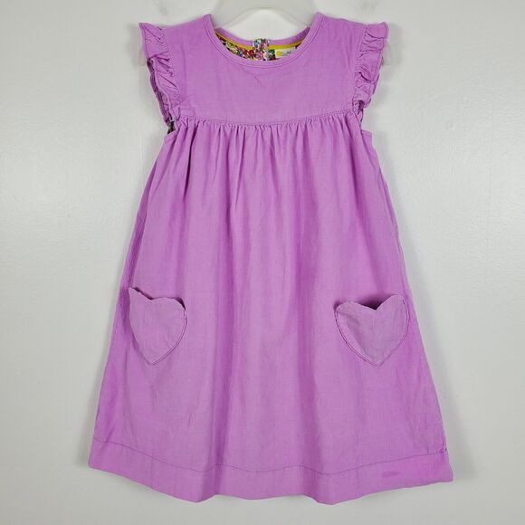 Mini Boden Girls Woven Heart Pocket Corduroy Dress Flutter Cap Buttons 8-9 Y - Picture 2 of 15